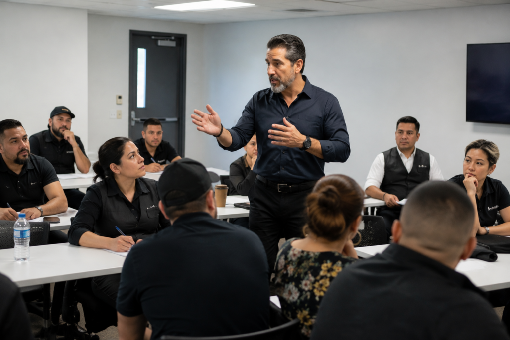 Ofrecerán taller gratuito de manejo de conflictos para trabajadores de la noche en Sacramento 1 Training session in a modern workshop