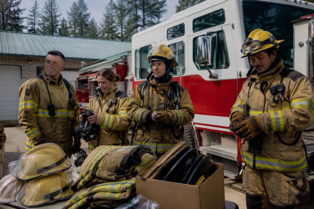 Firefighters Preparing Gear by Engine